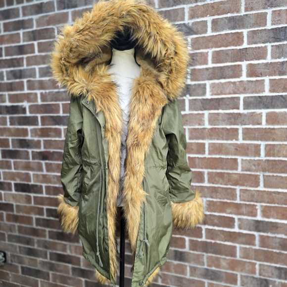 Olive Green Faux Fur Trim Parka Coat - Picture 2 of 15